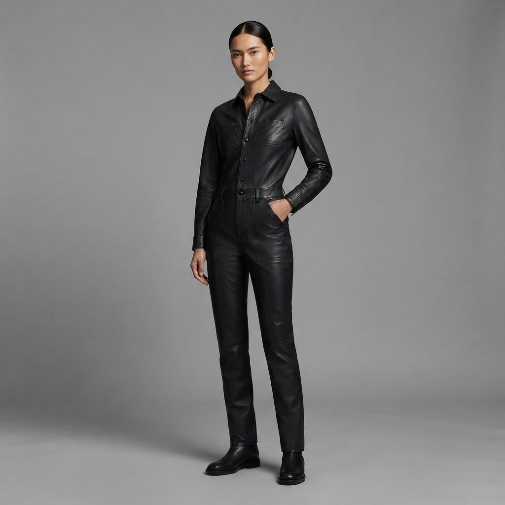 Women's Pure  Black Leather Jumpsuit