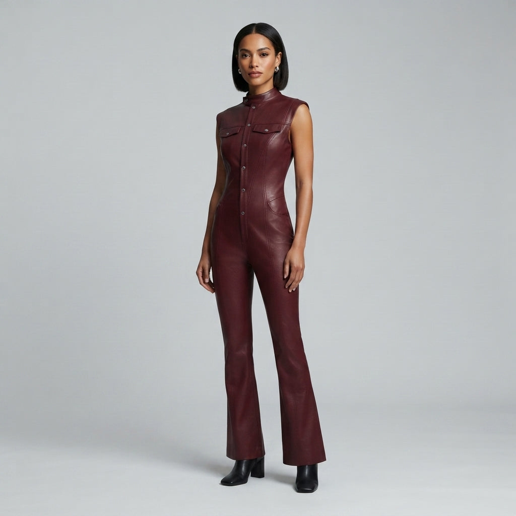 Women's Brown Leather Jumpsuit