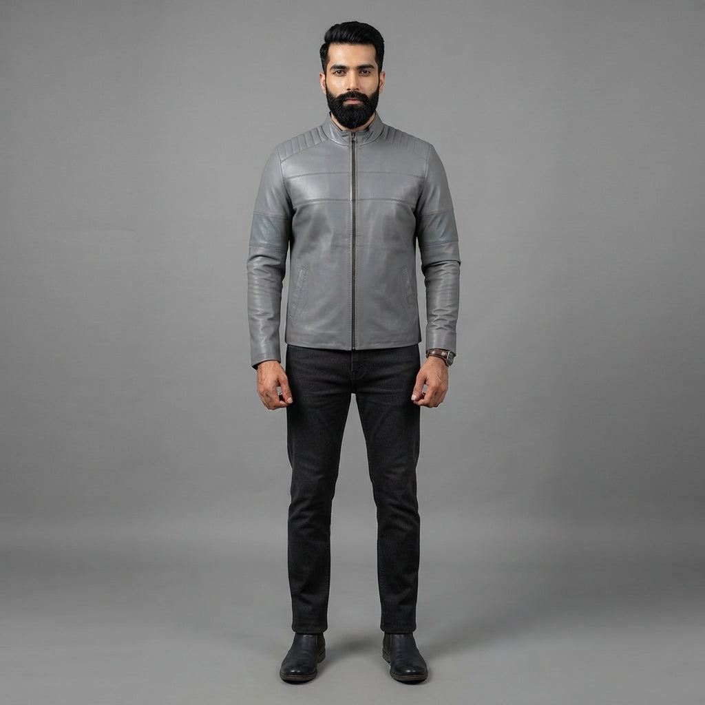 Men's Grey Leather Biker Jacket - Leather Outlet