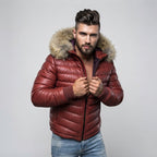 Men's Red & Skin Down Leather Jacket