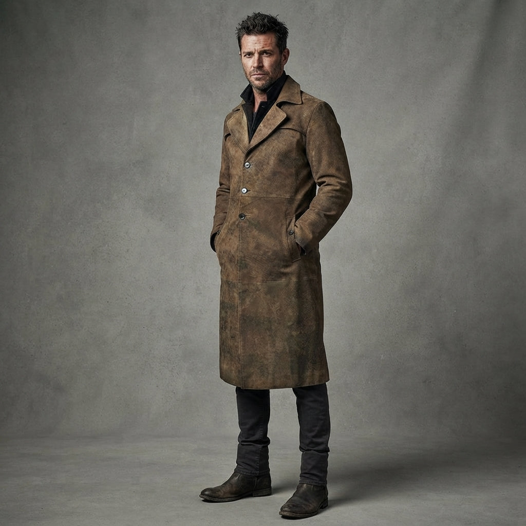 Men's Army Brown Leather Duster Coats
