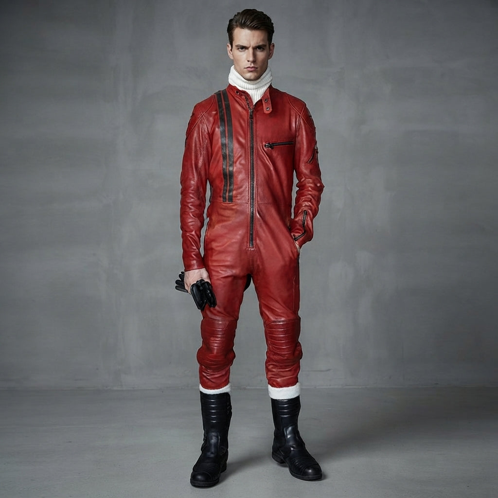 Men's Red & White Leather Jumpsuit - Leather Outlet