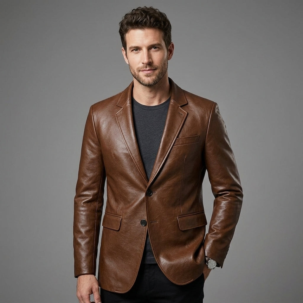 Men's Chocolate Brown Leather Blazer - Leather Outlet