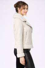 Load image into Gallery viewer, Women's Cream Suede Shearling Moto Jacket
