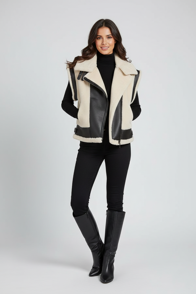 Women's Shearling & Leather Moto Vest