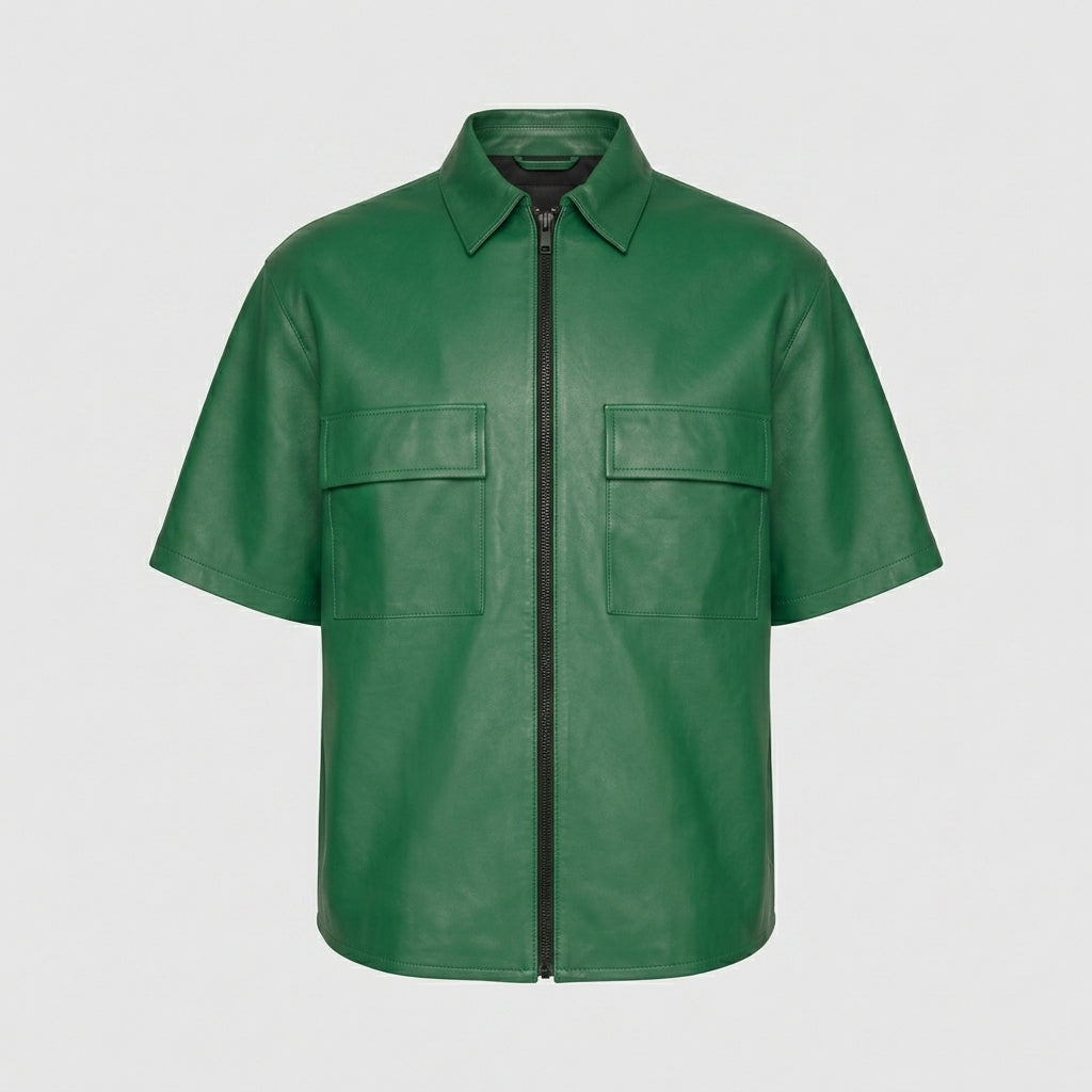 Men’s Green Half Sleeve Leather Shirt – Premium Casual Leather Shirt