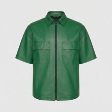 Load image into Gallery viewer, Men’s Green Half Sleeve Leather Shirt – Premium Casual Leather Shirt
