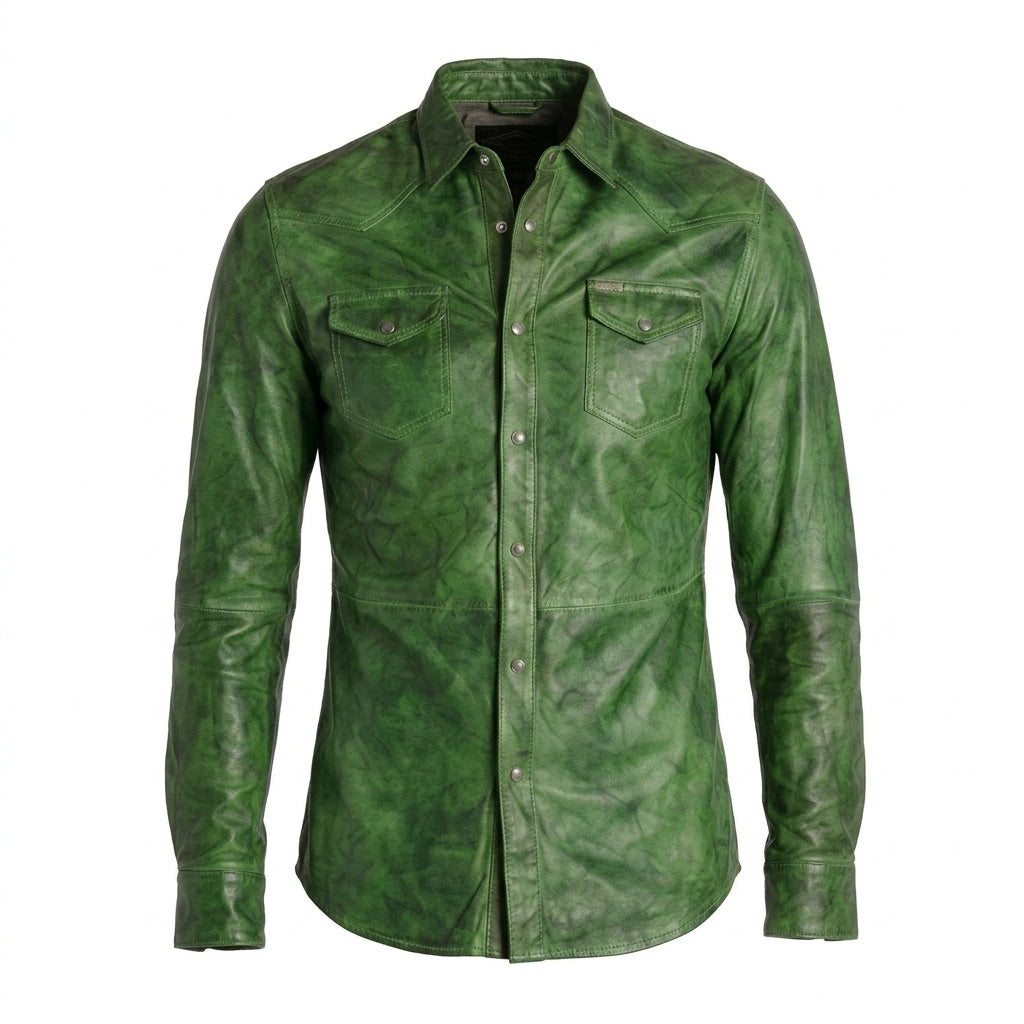 Men’s Green Napa Lamb Leather Biker Shirt – Premium Slim Fit Leather Shirt Jacket