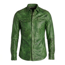 Load image into Gallery viewer, Men’s Green Napa Lamb Leather Biker Shirt – Premium Slim Fit Leather Shirt Jacket
