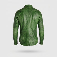 Load image into Gallery viewer, Men’s Green Napa Lamb Leather Biker Shirt – Premium Slim Fit Leather Shirt Jacket
