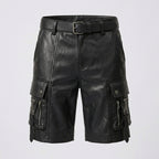 Men’s Black Leather Cargo Utility Shorts – Premium Biker Streetwear Shorts