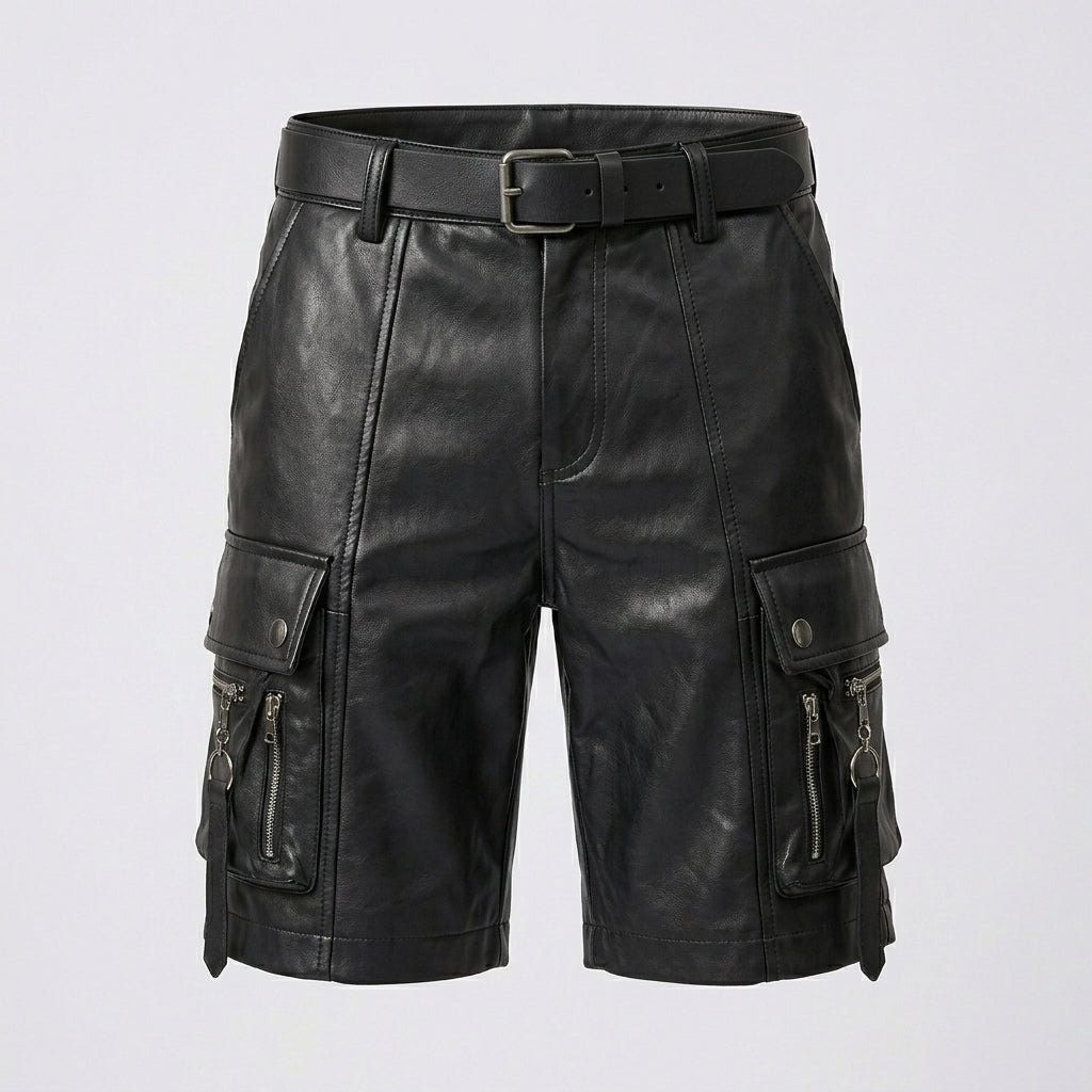 Men’s Black Leather Cargo Utility Shorts – Premium Biker Streetwear Shorts