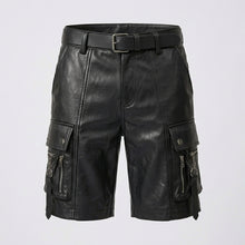 Load image into Gallery viewer, Men’s Black Leather Cargo Utility Shorts – Premium Biker Streetwear Shorts

