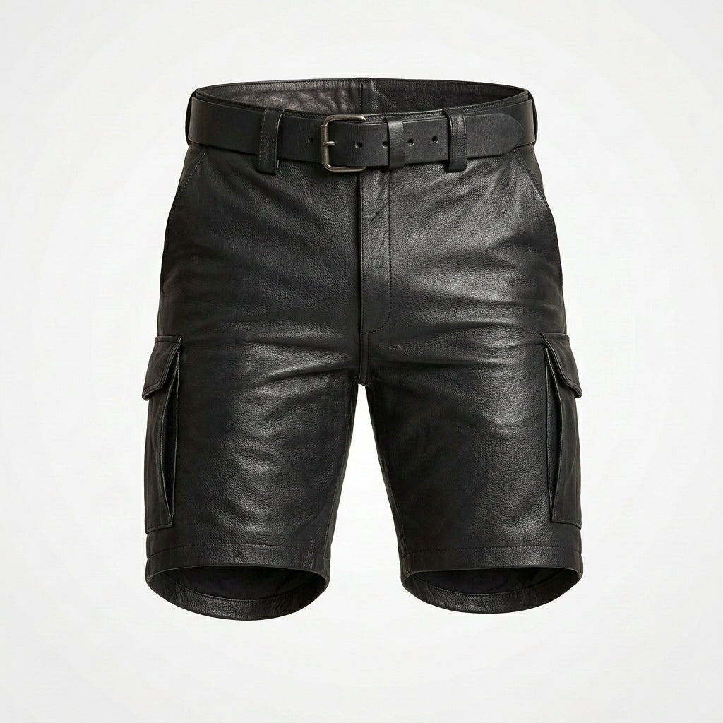 Men’s Leather Cargo Shorts – Utility Biker Streetwear Shorts