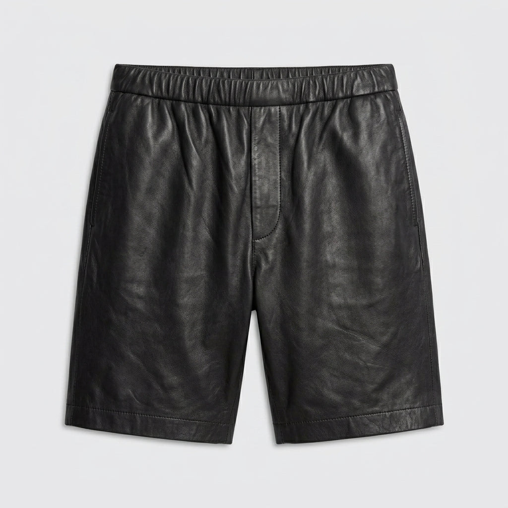 Men’s Matte Black Leather Shorts with Elastic Waistband