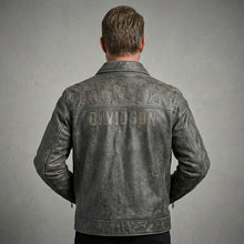 Load image into Gallery viewer, Men’s Harley-Style Black Leather Moto Jacket – Orange &amp; White Racing Stripe Edition
