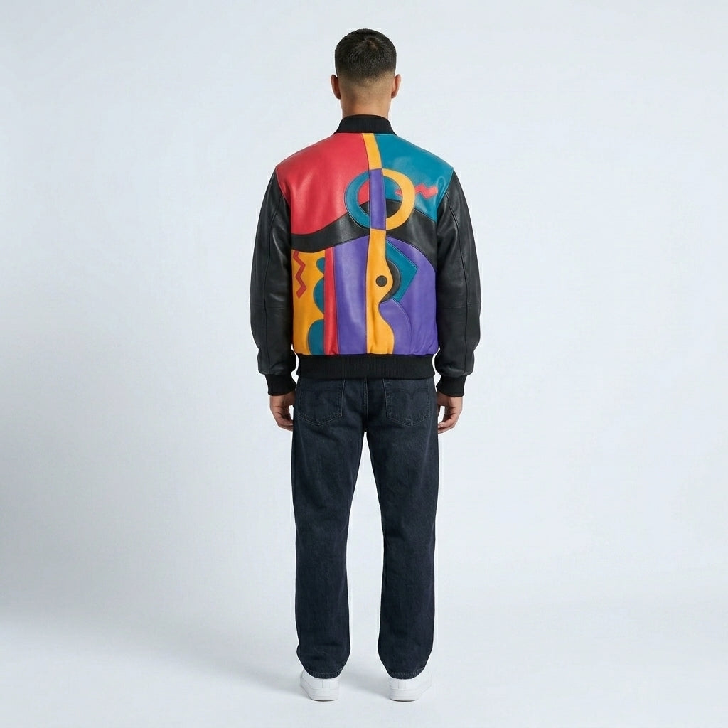 Men’s Artistic Plush Leather Jacket – Picasso-Inspired Statement Edition