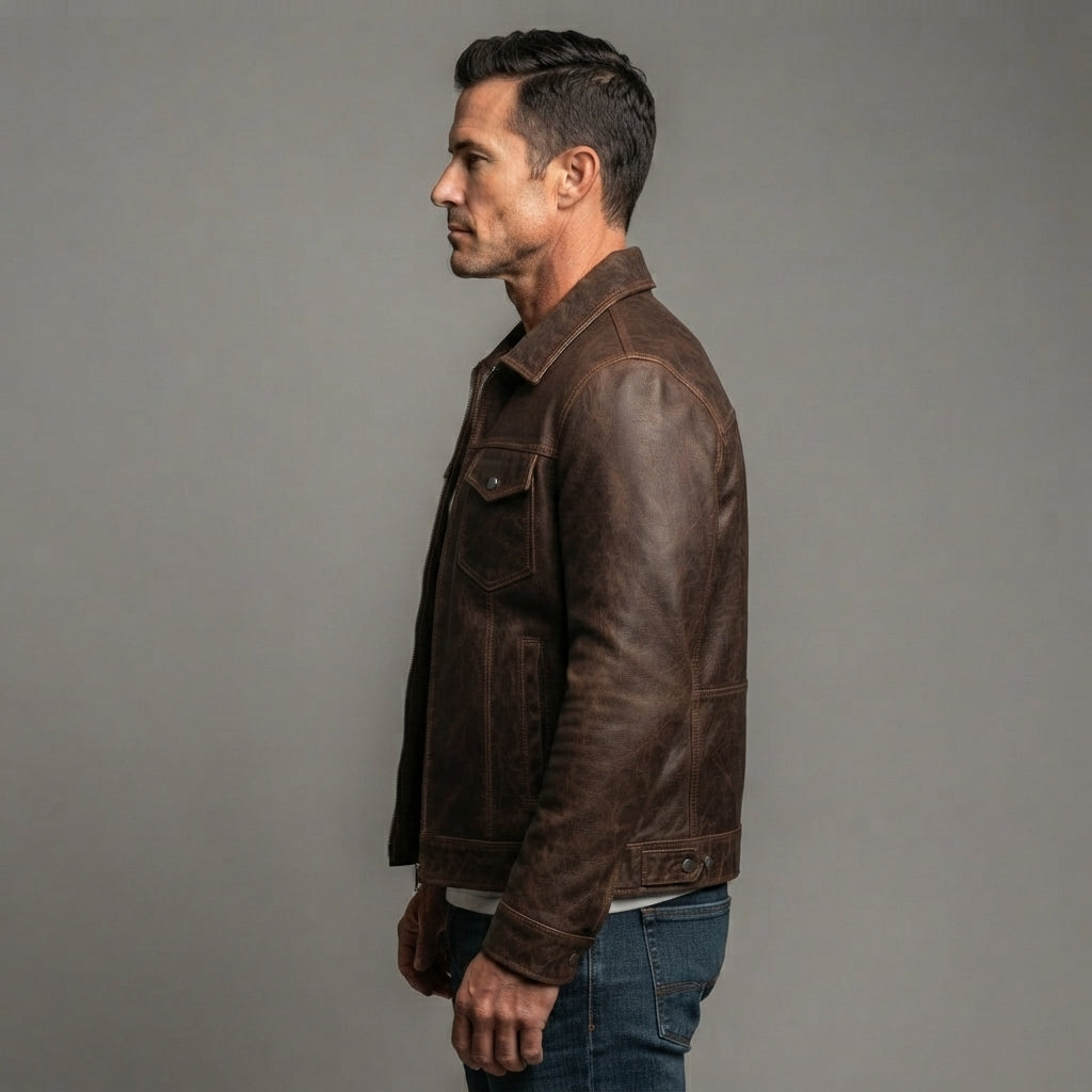 Men's Brown Washed Off Trucker Leather Jacket