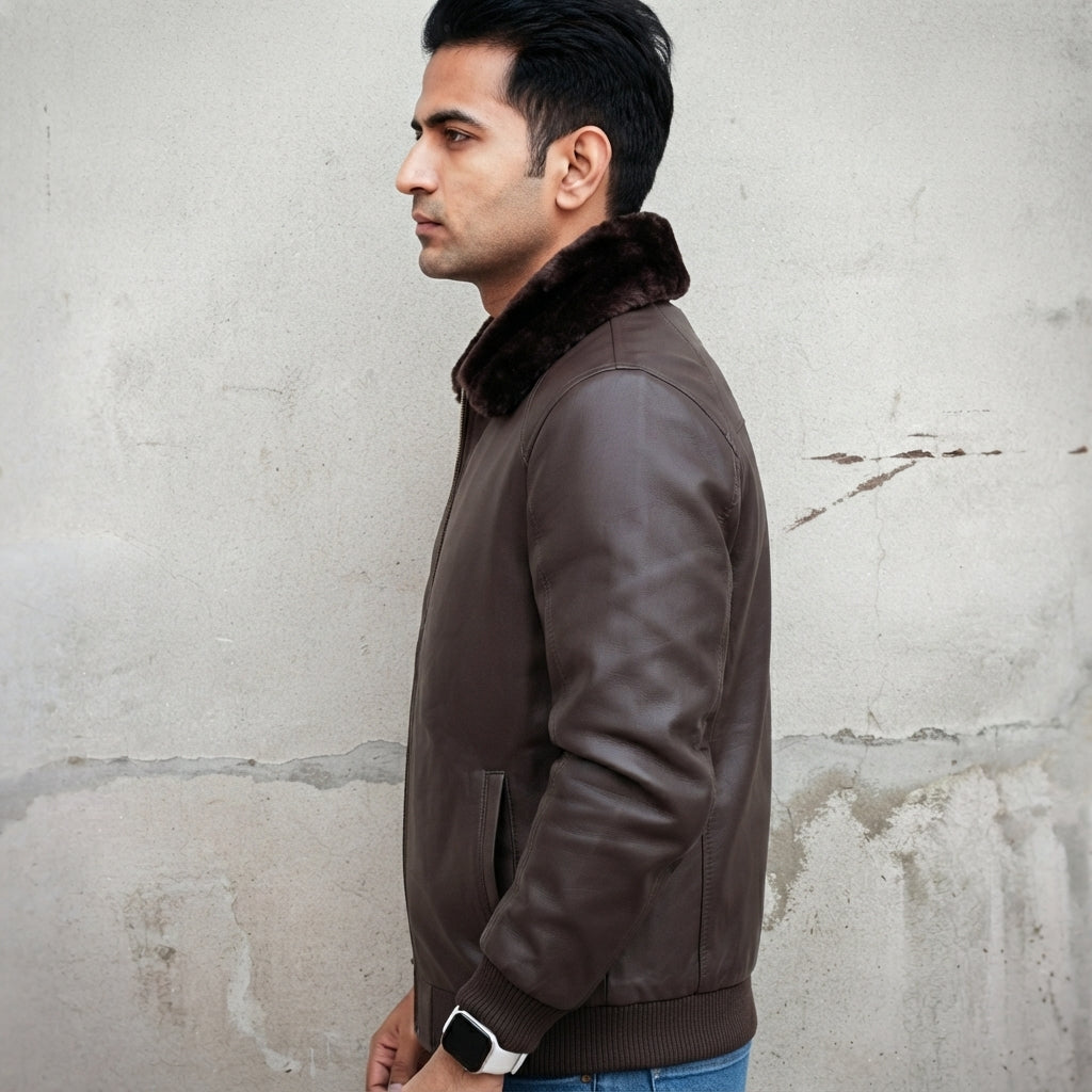 Men's Brown Leather Faux Fur Jacket