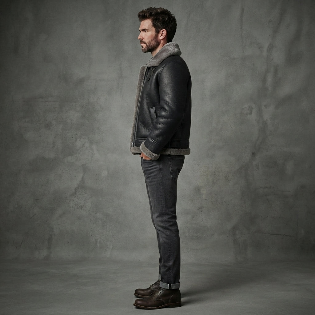 Men's Black Leather  Jacket with grey fur