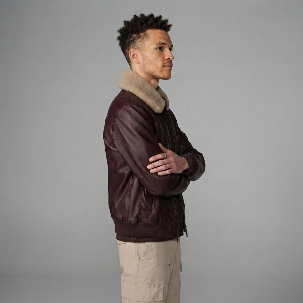 Men Aviator Leather Bomber Jacket with Fur