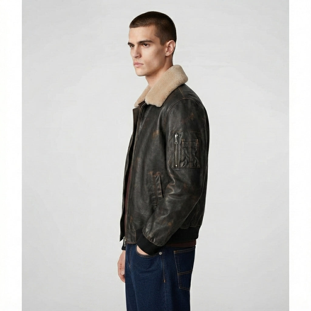 Men's Black Leather  Jacket with Skin fur Collar