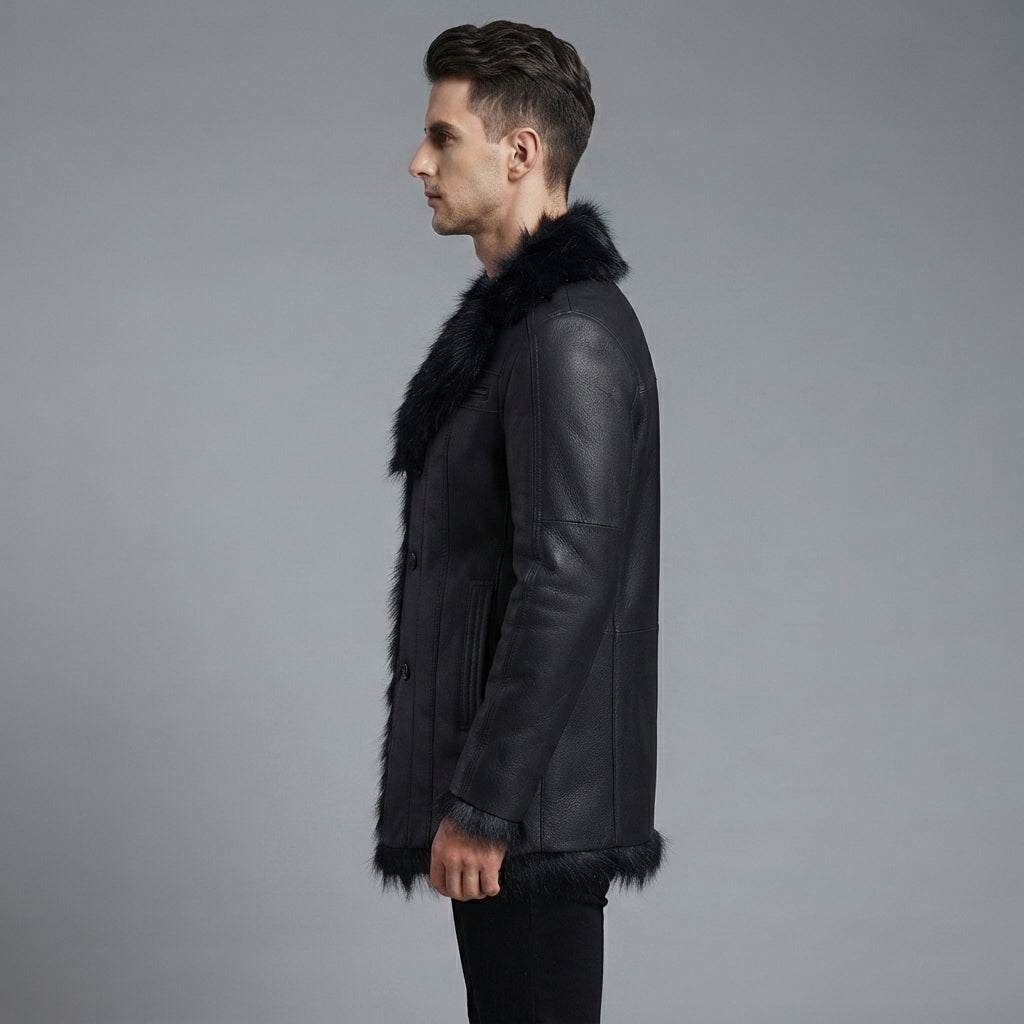 Men's Black Leather Jacket with Black fur Collar