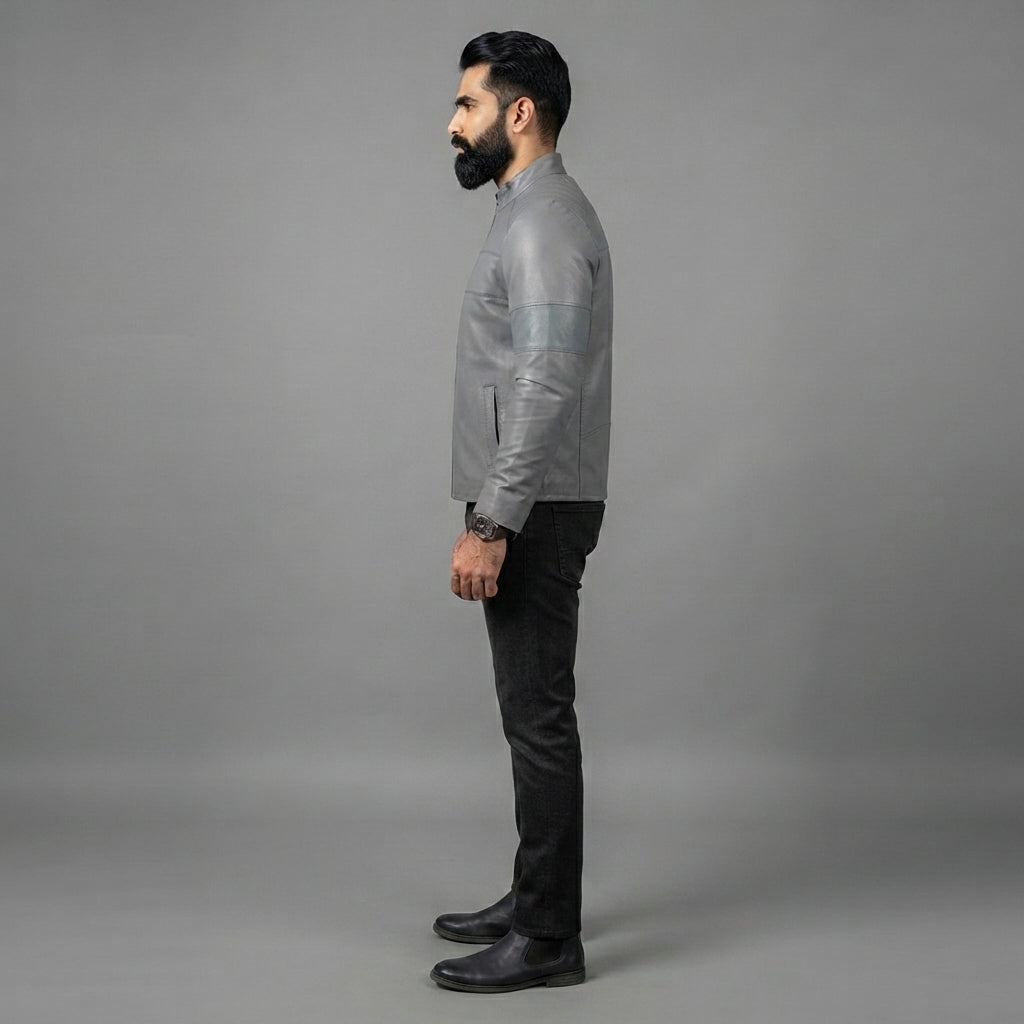 Men's Grey Leather Biker Jacket