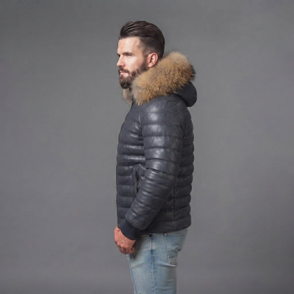 Men's Grey & Skin Down Leather Jacket