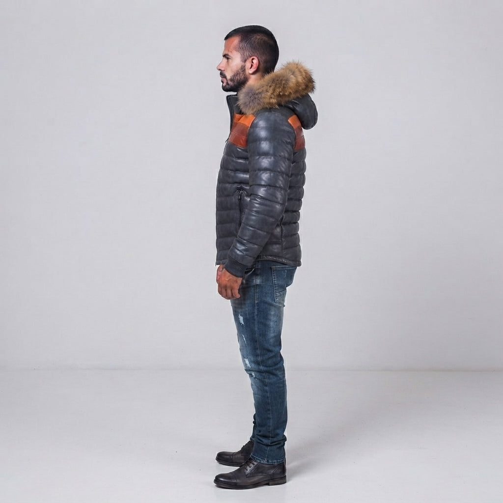 Men's Grey & Orange Down Leather Jacket
