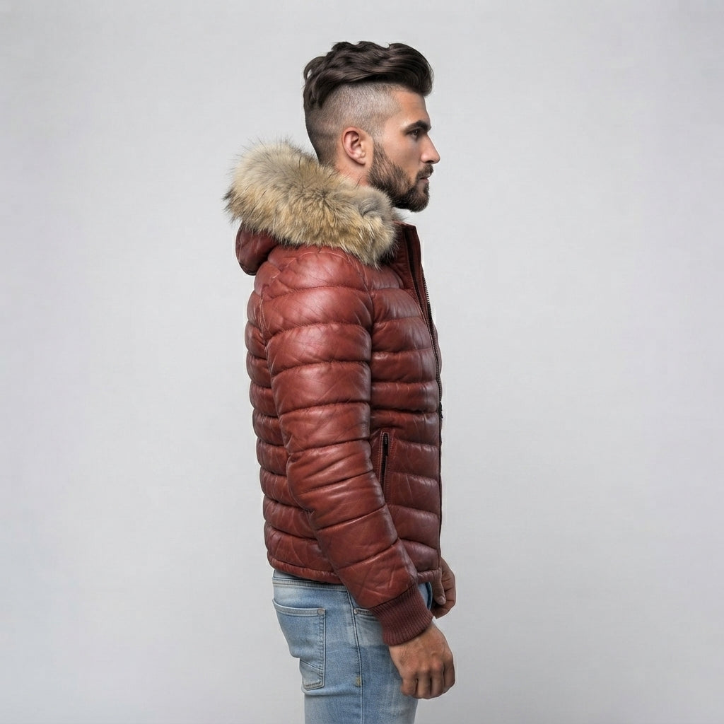 Men's Red & Skin Down Leather Jacket