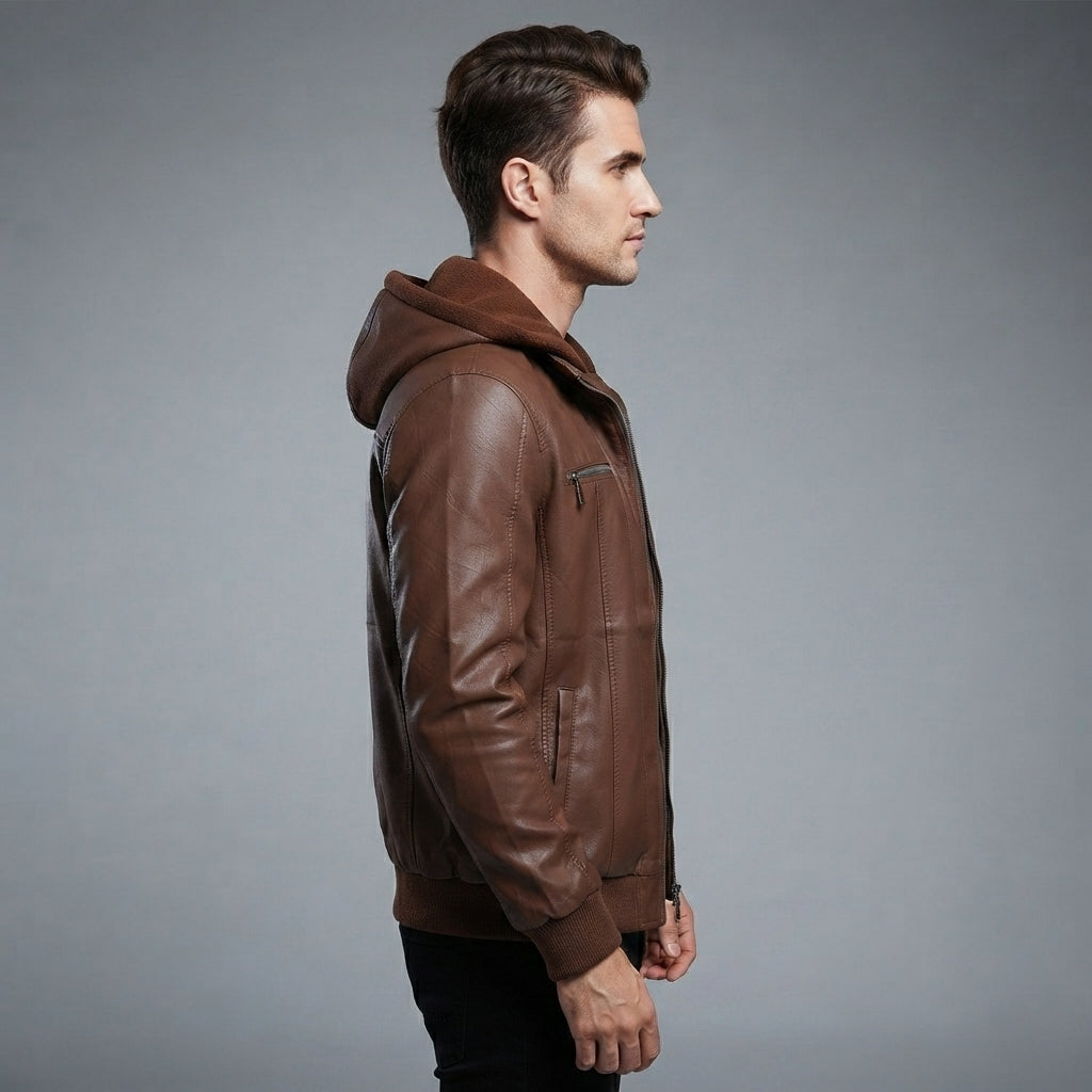 Men's Ethan Brown Hooded Leather Jacket