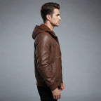 Men's Brown Leather Hooded Jacket