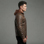 Men's Brown Leather Hooded Jacket