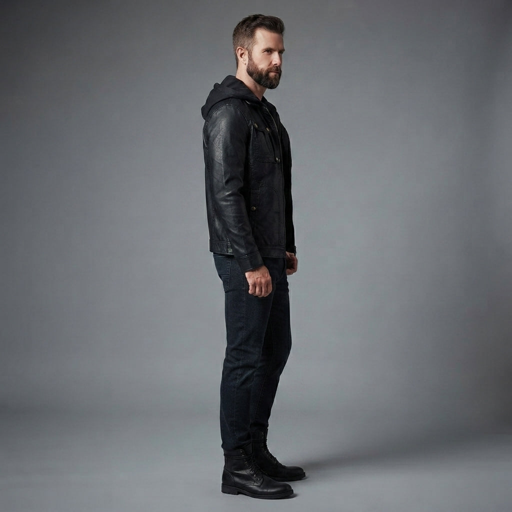 Men's Detachable Hoodie Black Biker Leather Jacket