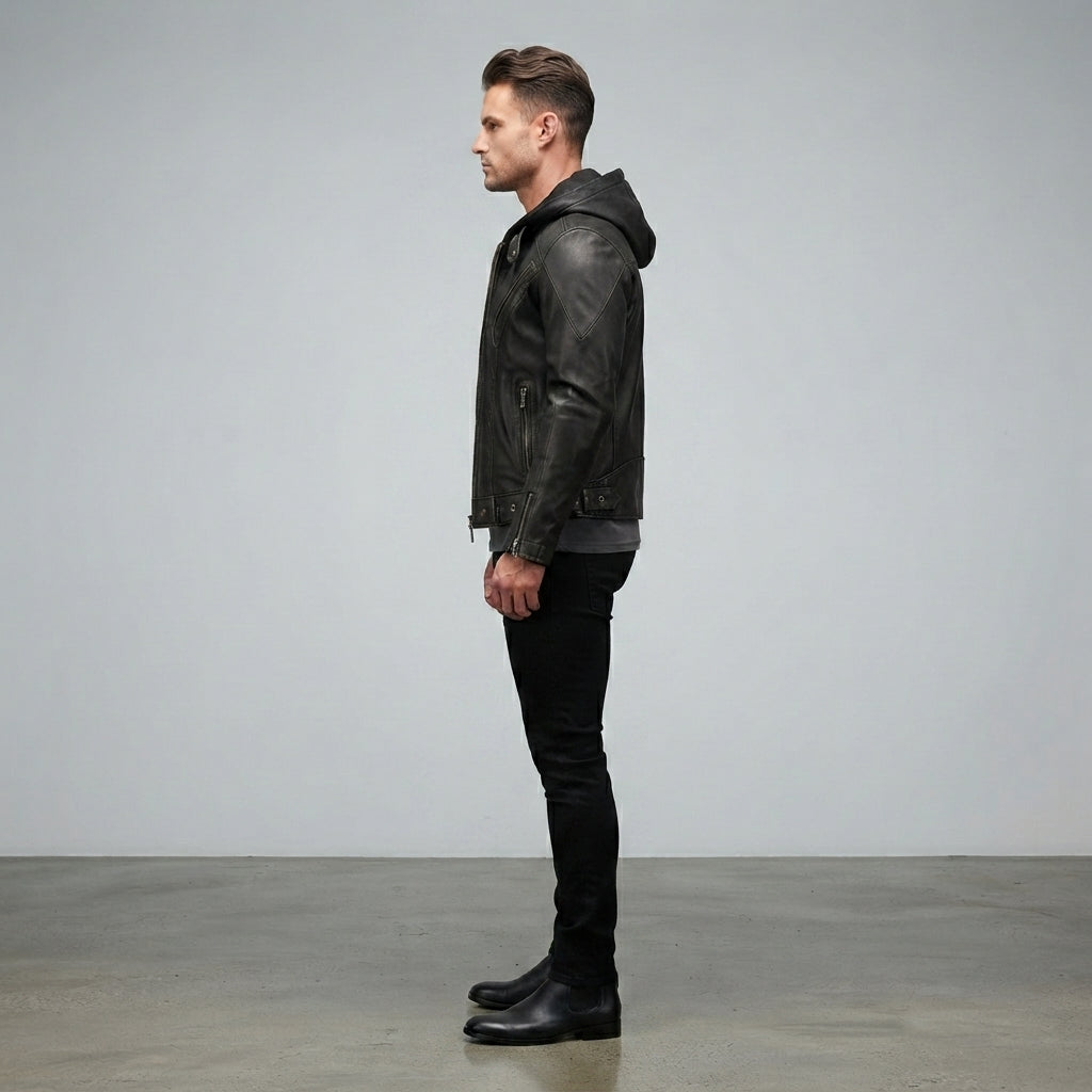 Men's Black Hooded Leather Jacket