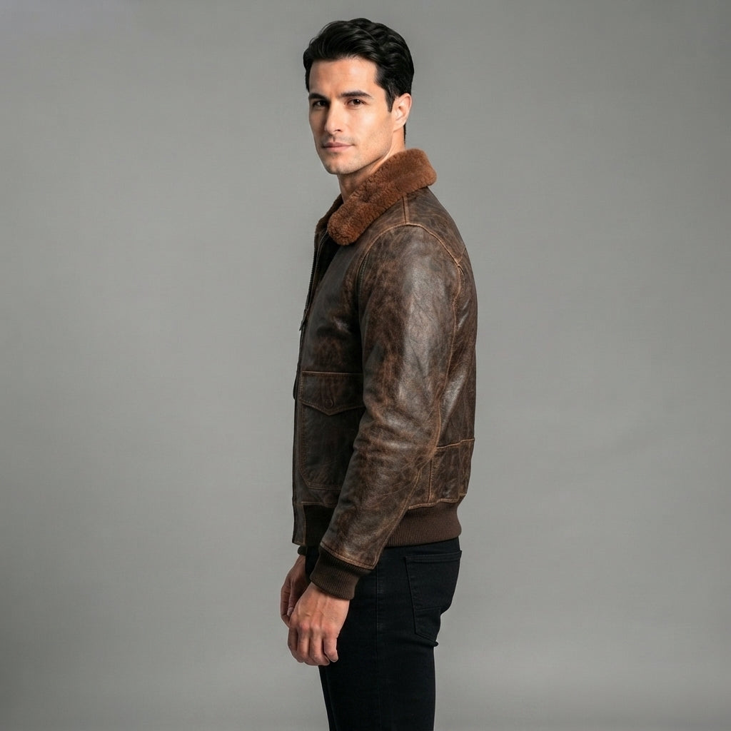 Men's Brown Leather Military Jacket
