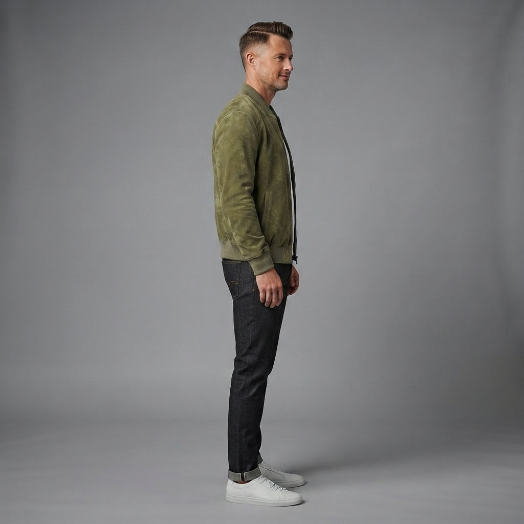 New Men's Real Olive Green Suede Leather Bomber Jacket