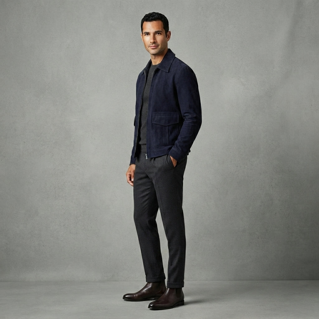 Men Navy Suede Bomber Jacket with Pocket