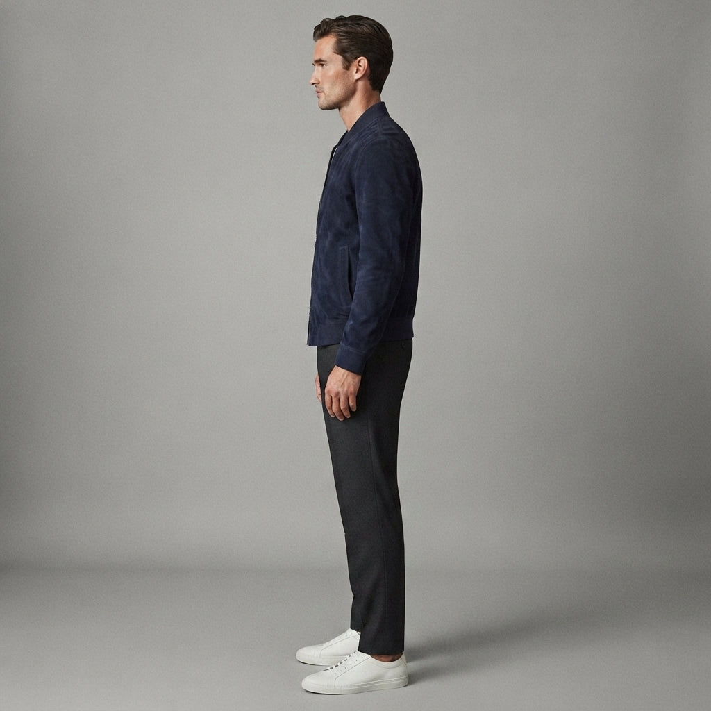 Men's Dark Blue Suede Bomber Jacket