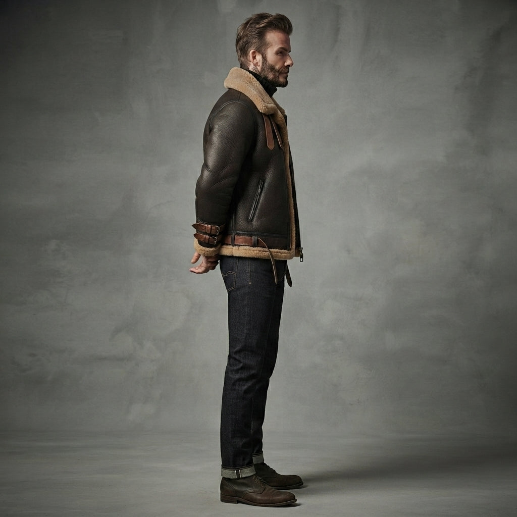 Men's Aviator Dark Brown Leather Sheepskin Jacket