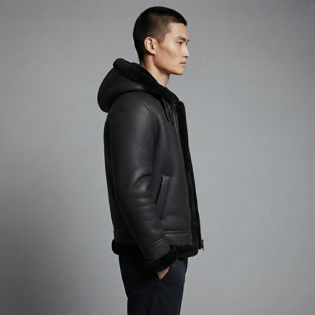 Men's Sheepskin Leather Hoodie With Faux Fur Jacket