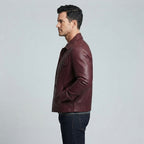 Men's Burgundy Trucker Leather Jacket - Leather Outlet