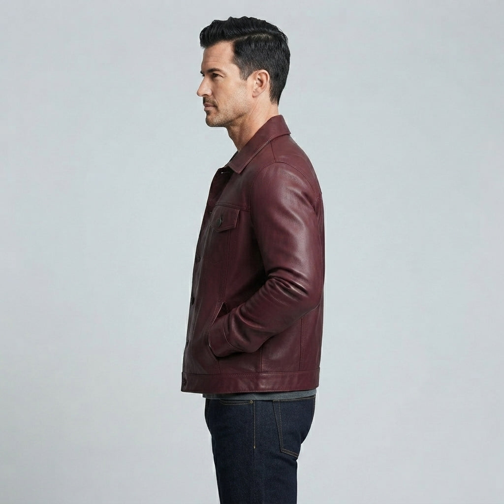 Men's Burgundy Trucker Leather Jacket - Leather Outlet