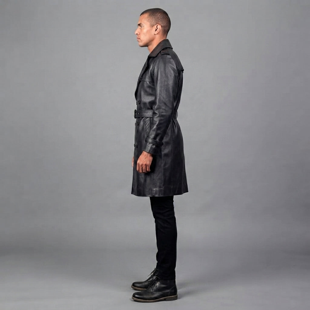 Men's Black Leather Duster Coat