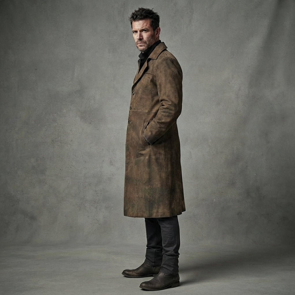 Men's Army Brown Leather Duster Coats