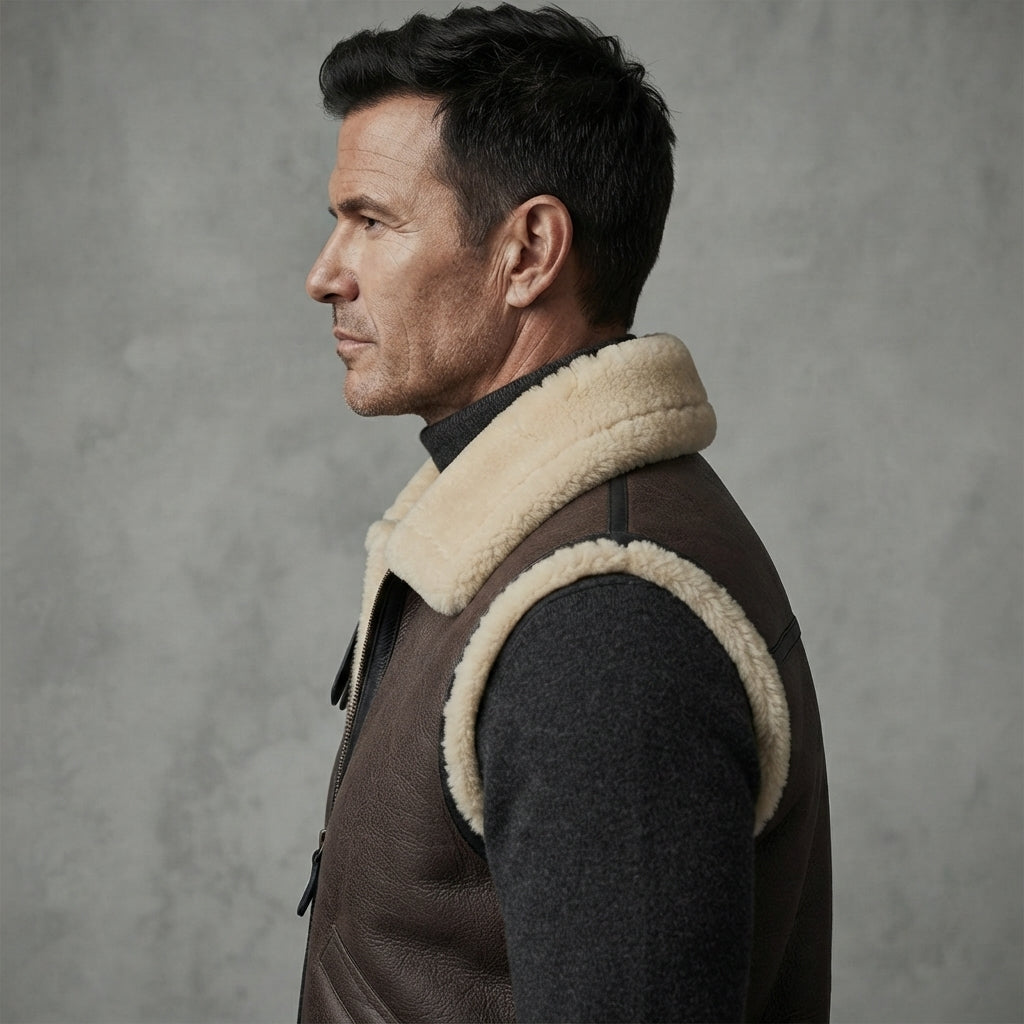 Men's Beige Shearling Leather Vest - Leather Outlet