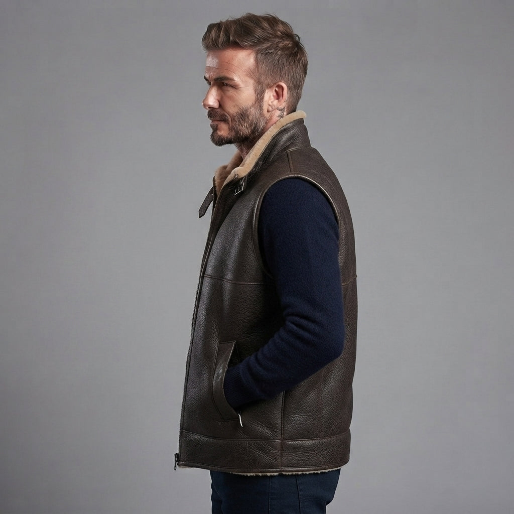 Men's Beige Brown Shearling Leather Vest - Leather Outlet