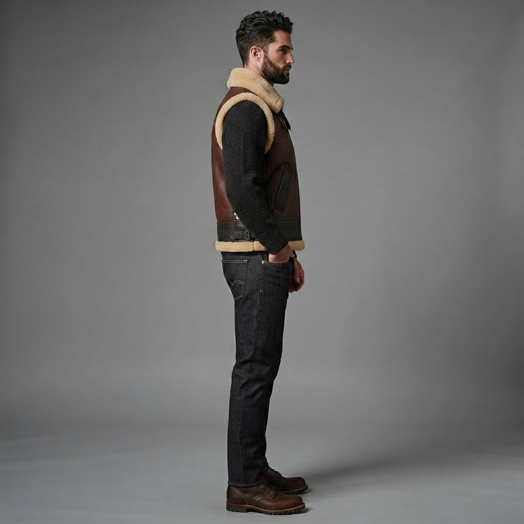 Men's Brown Shearling Leather Vest - Leather Outlet