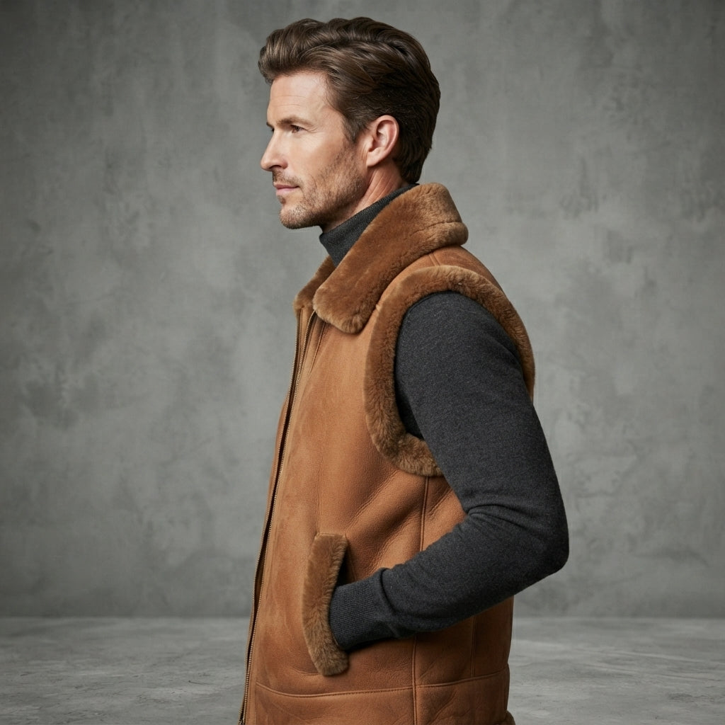 Men's Tan Brown Shearling Leather Vest - Leather Outlet